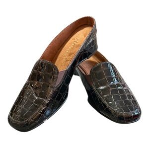 J. Renee brand mules, slip-on design, low wedge heel dark, crocodile-embossed